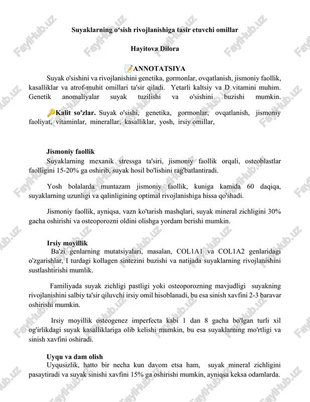 suyaklarning oʻsish rivojlanishiga tasir etuvchi omillar — DOCX