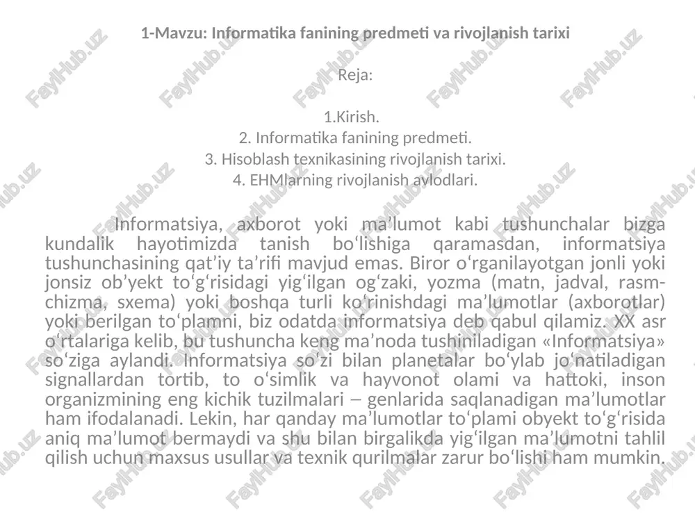 informatika fanining predmeti va rivojlanish tarixi — PPT