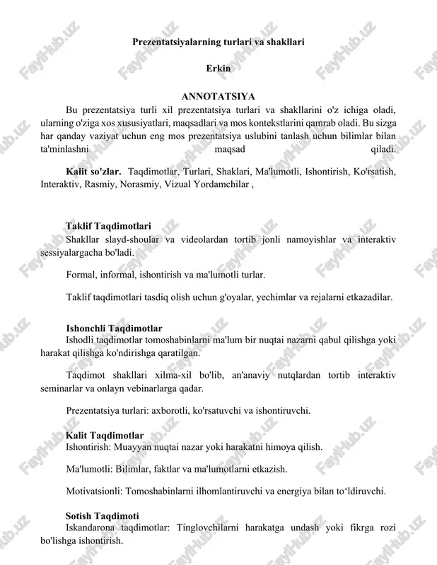 prezentatsiyalarning turlari va shakllari — DOCX