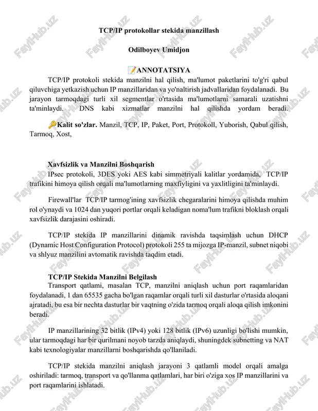 tcp/ip protokollar stekida manzillash — DOCX
