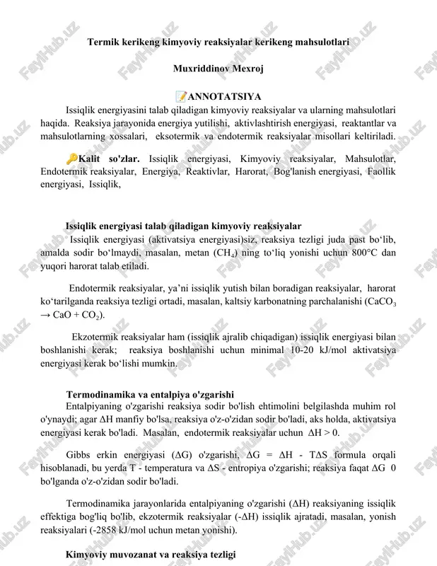 termik kerikeng kimyoviy reaksiyalar kerikeng mahsulotlari — DOCX