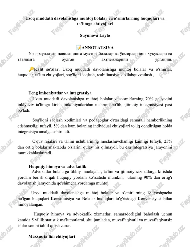 uzoq muddatli davolanishga muhtoj bolalar va oʻsmirlarning huquqlari va taʼlimga ehtiyojlari — DOCX