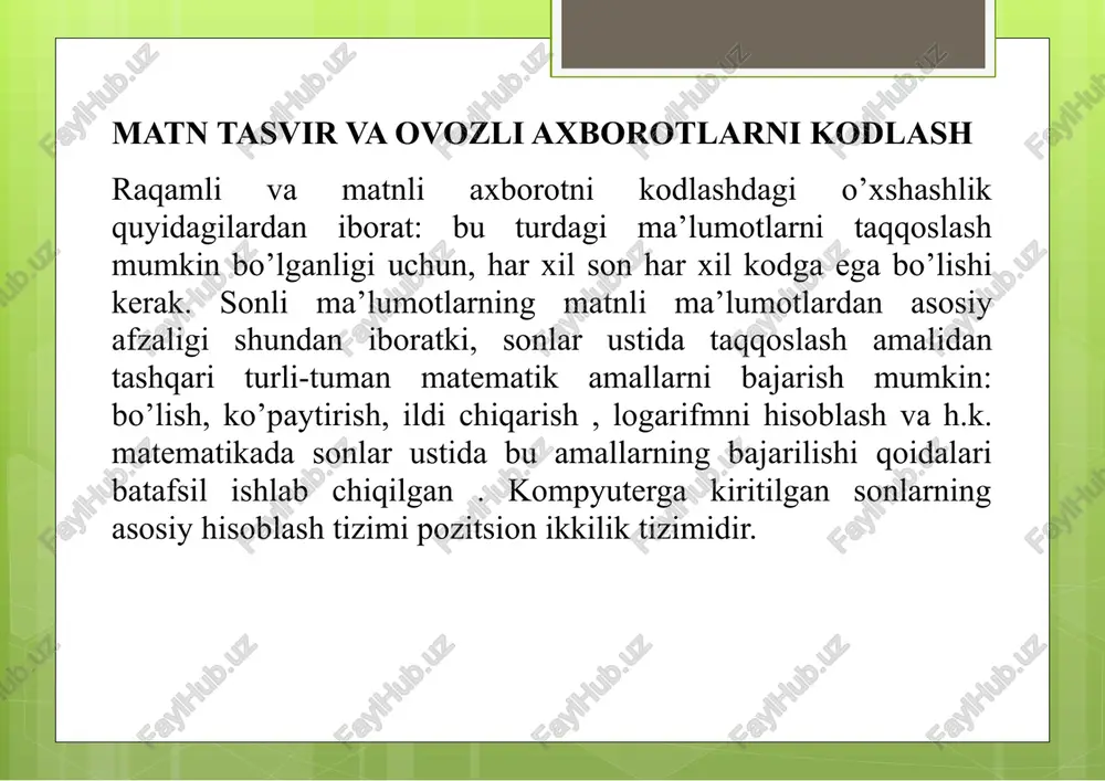 matn tasvir va ovozli axborotlarni kodlash — PPTX