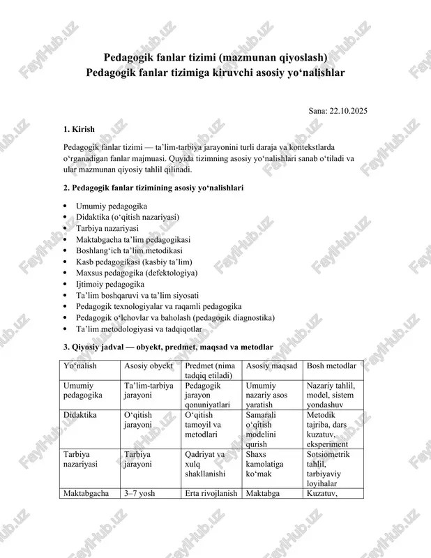 pedagogik fanlar tizimi (mazmunan qiyoslash) — DOCX