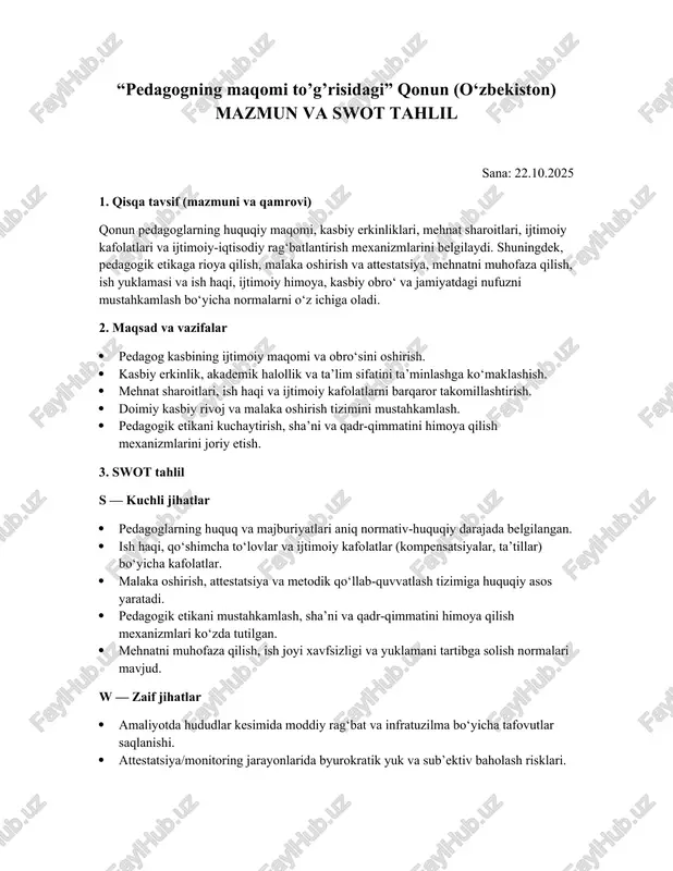 "pedagogning maqomi to'g'risidagi qonun (o‘zbekiston)" — DOCX