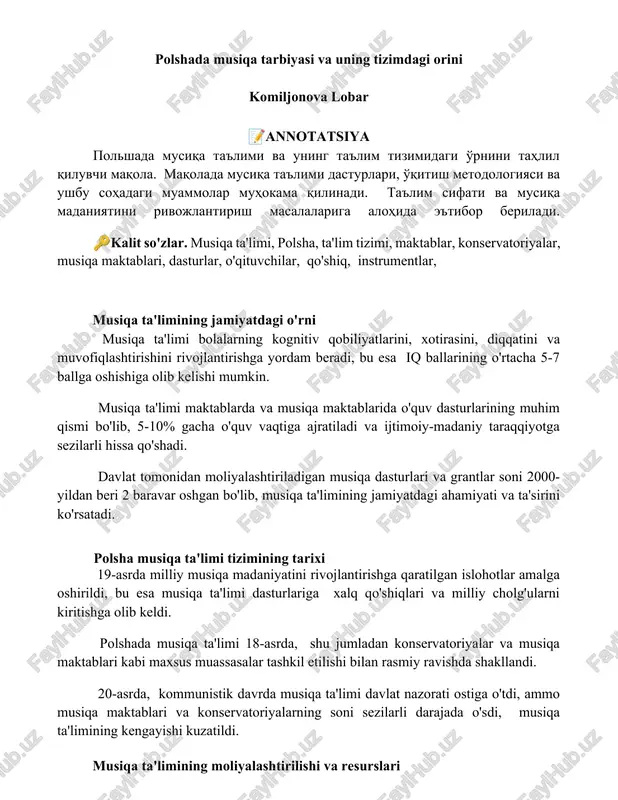 polshada musiqa tarbiyasi va uning tizimdagi orini — DOCX
