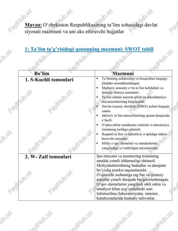 o‘zbekiston respublikasining ta’lim sohasidagi davlat siyosati mazmuni va uni aks ettiruvchi hujjatlar — DOCX
