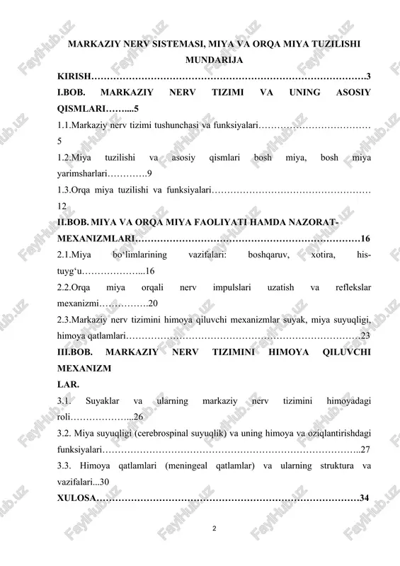 markaziy nerv sistemasi, miya va orqa miya tuzilishi — DOCX