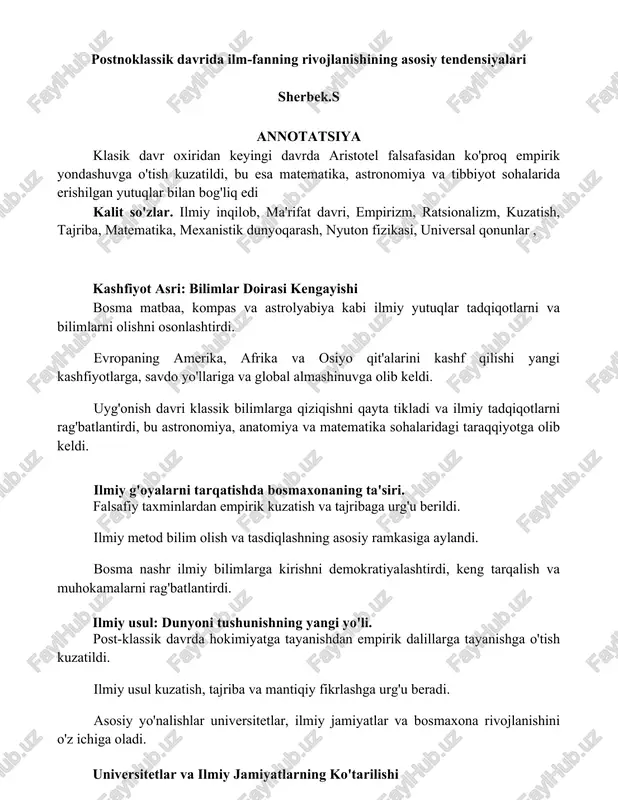 postnoklassik davrida ilm-fanning rivojlanishining asosiy tendensiyalari — DOCX