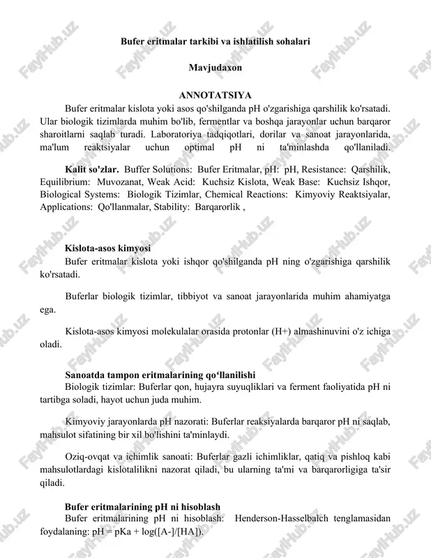 bufer eritmalar tarkibi va ishlatilish sohalari — DOCX