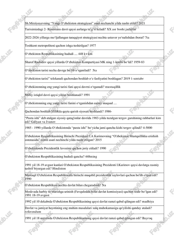 o'zbekistonning eng yangi tarixi fanidan test savollari — PDF