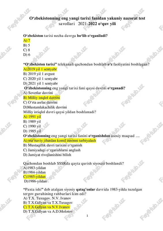 o'zbekistonning eng yangi tarixi fanidan test savollari — PDF