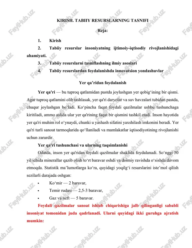 tabiiy resurslarning tasnifi — DOCX