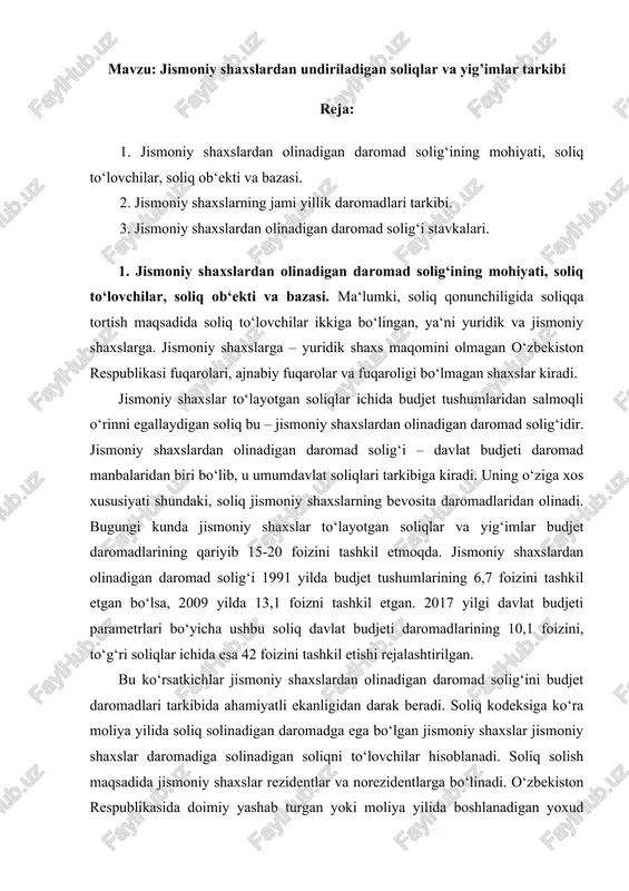 jismoniy shaxslardan undiriladigan soliqlar va yig’imlar tarkibi — DOCX