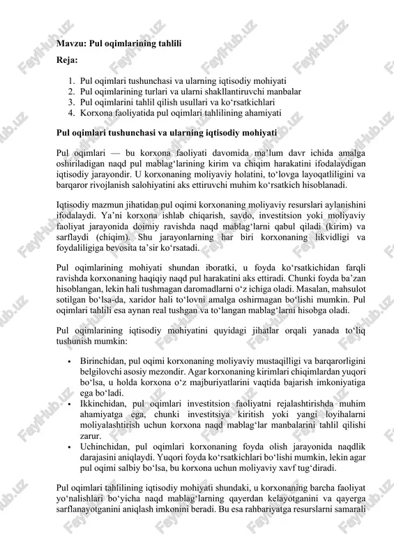 pul oqimlarining tahlili — DOCX
