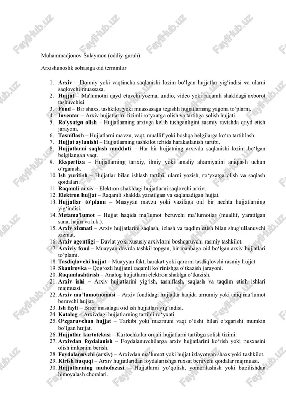 arxishunoslik sohasiga oid terminlar — DOCX