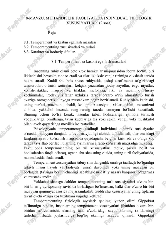 temperament va kasbni egallash masalasi — PDF