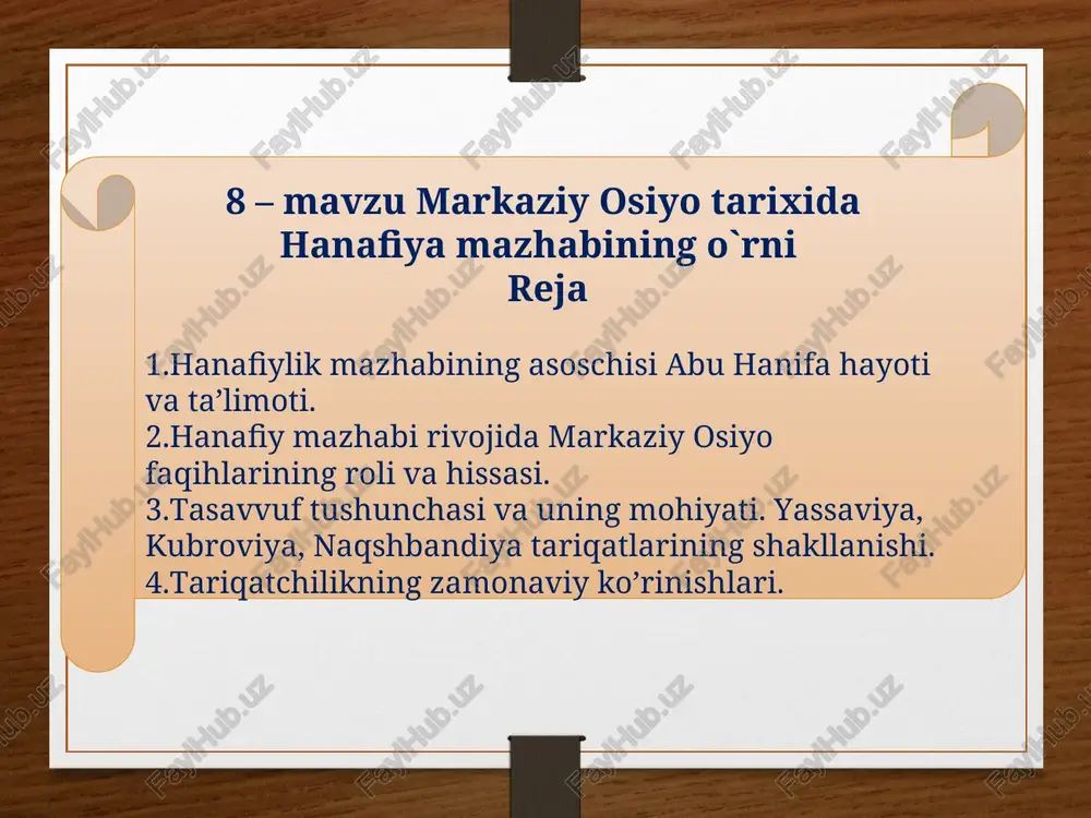 markaziy osiyo tarixida hanafiya mazhabining o`rni — PPT