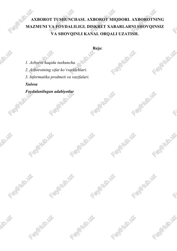 informatika predmeti va vazifalari — DOC