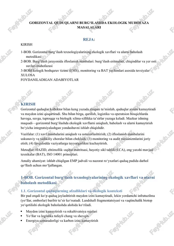 gorizontal quduqlarni burgʻilashda ekologik muhofaza masalalari — DOCX