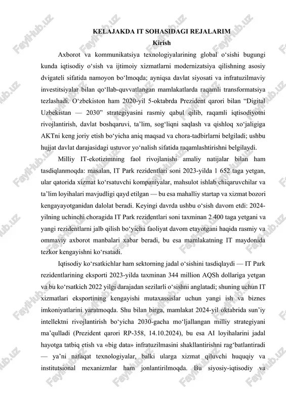 kelajakda it sohasidagi rejalarim esse — DOCX