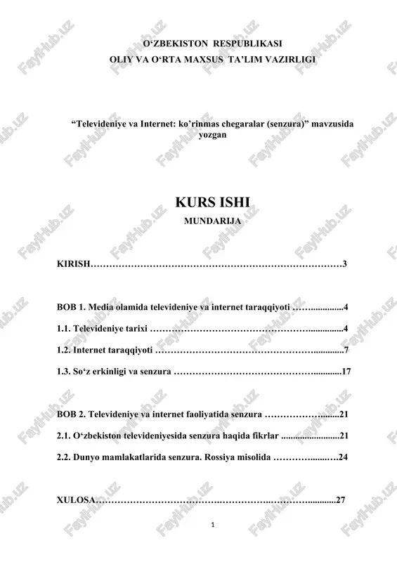 televideniye va internet: ko’rinmas chegaralar (senzura) — DOCX