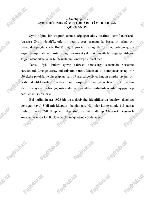 sybil hújiminiń metodlari hám olardan qorģaniw — DOCX