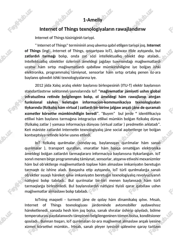 internet of things texnologiyaların rawajlandırıw — DOCX
