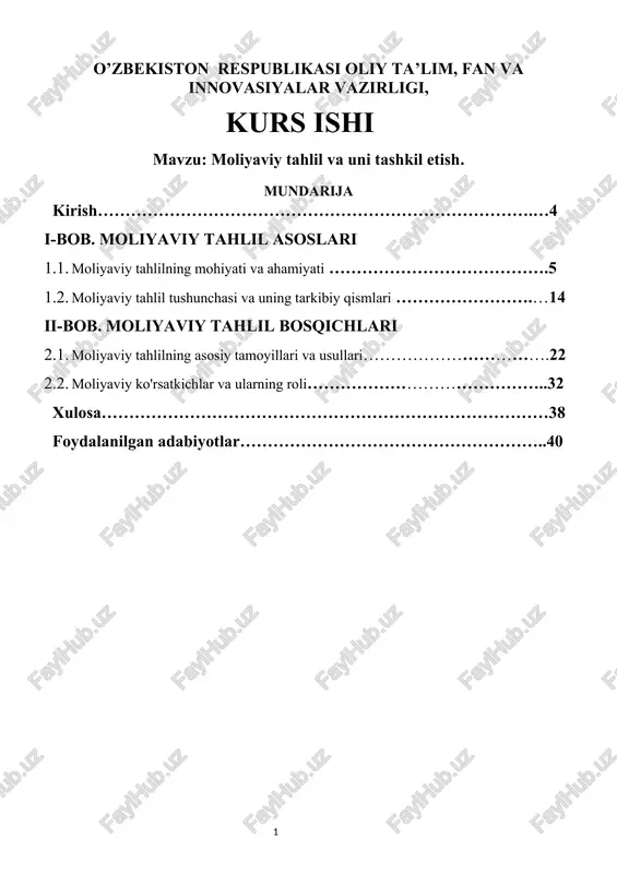 moliyaviy tahlil va uni tashkil etish — DOCX