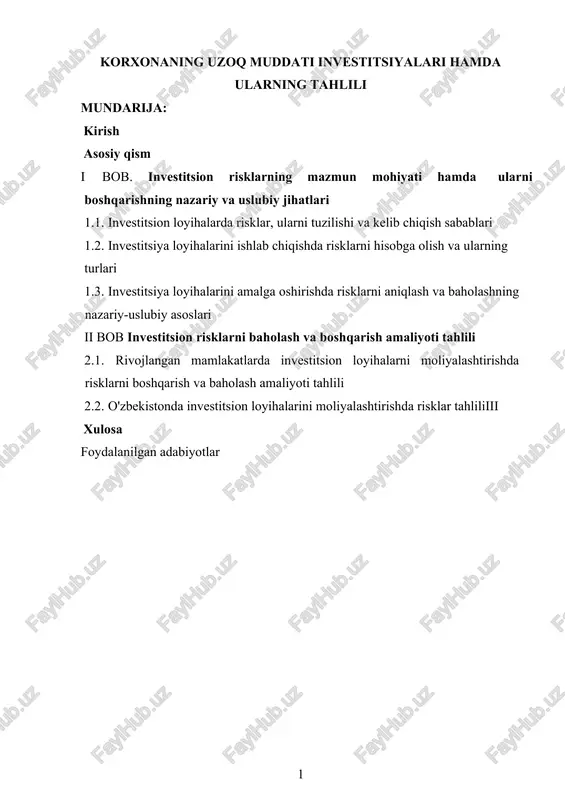 korxonaning uzoq muddati investitsiyalari hamda ularning tahlili — DOCX