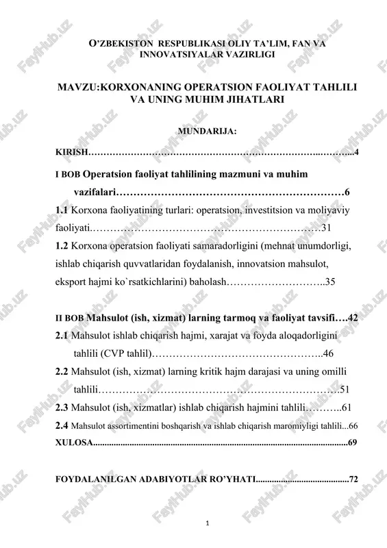 korxonaning operatsion faoliyat tahlili va uning muhim jihatlari — DOC