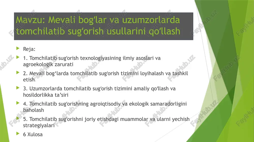 mevalibogʻlar va uzumzorlar atomchilatibsugʻorish usullarini qoʻllash — PPTX