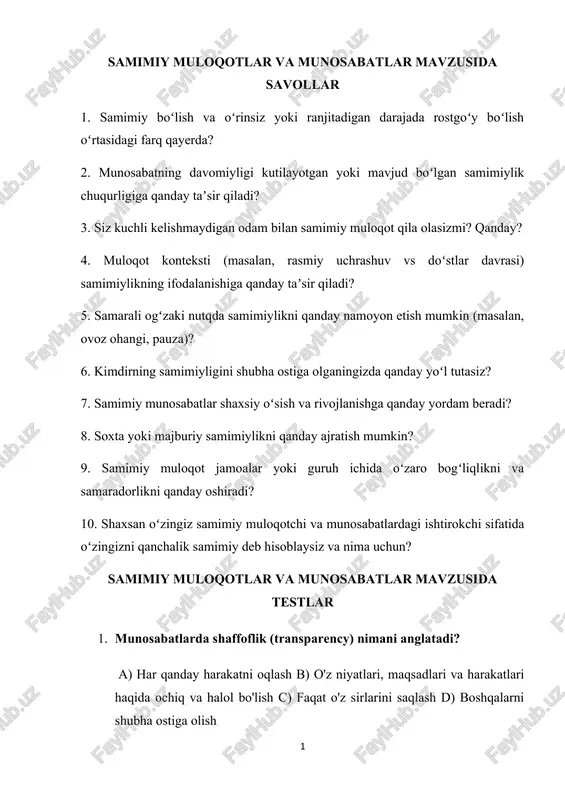 samimiy muloqotlar va munosabatlar — DOCX