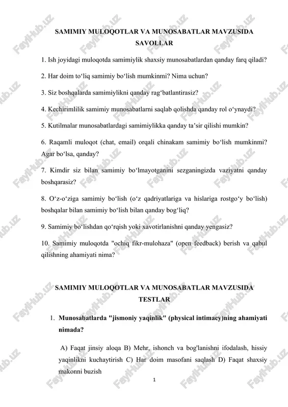 samimiy muloqotlar va munosabatlar — DOCX