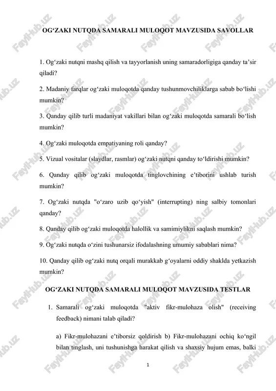 ogʻzaki nutqda samarali muloqot mavzusida testlar — DOCX
