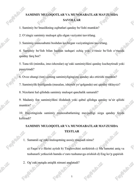 samimiy muloqotlar va munosabatlar — DOCX