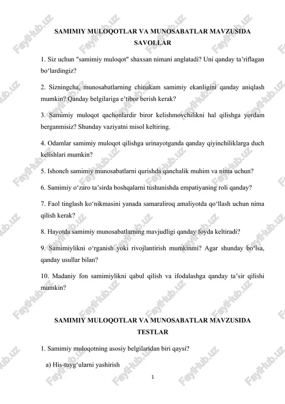 samimiy muloqotlar va munosabatlar mavzusida savollar — DOCX