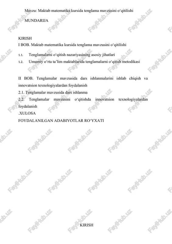 maktab matematika kursida tenglama mavzusini o‘qitilishi — DOCX