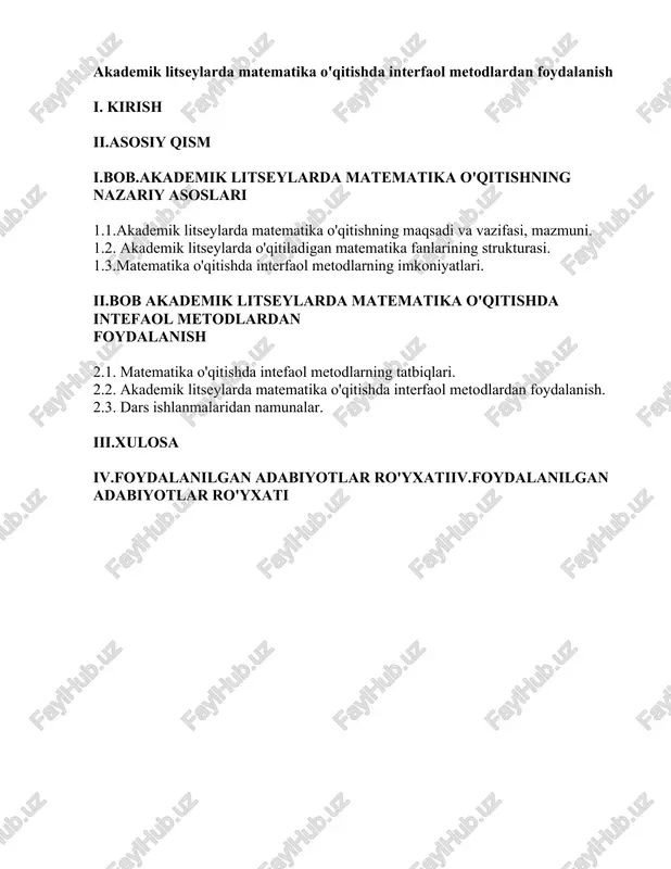 akademik litseylarda matematika o'qitishda interfaol metodlardan foydalanish — DOCX