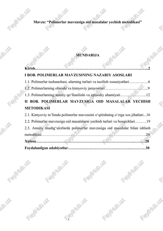 polimerlar mavzusiga oid masalalar yechish metodikasi kurs ishi — DOCX