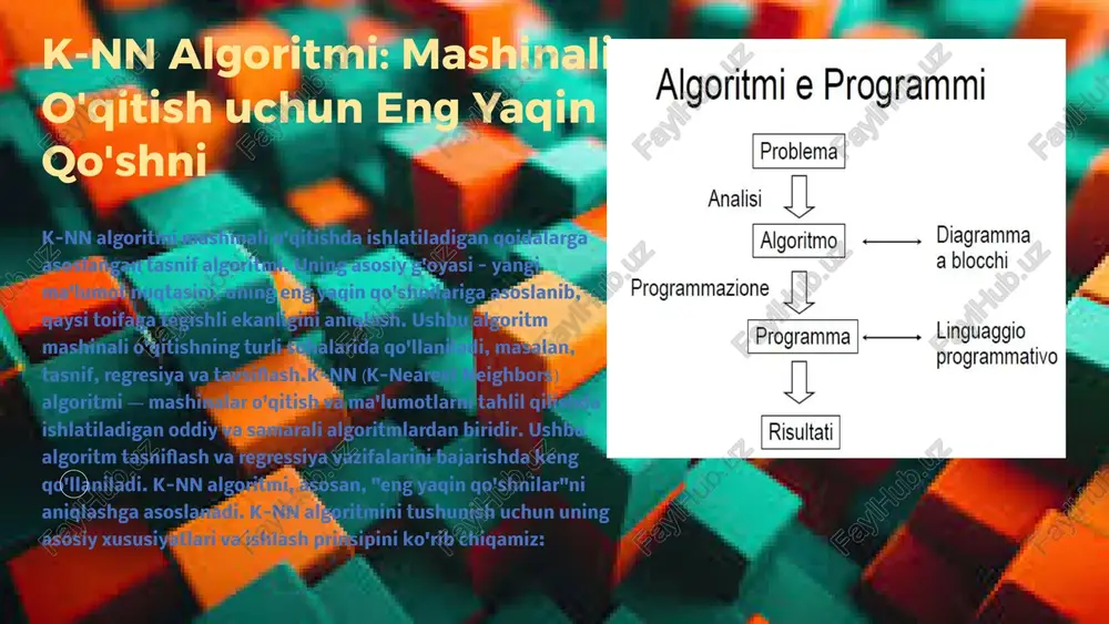 k-nn algoritmi mashinali o'qitish uchun eng yaqin qo'shn — PPTX