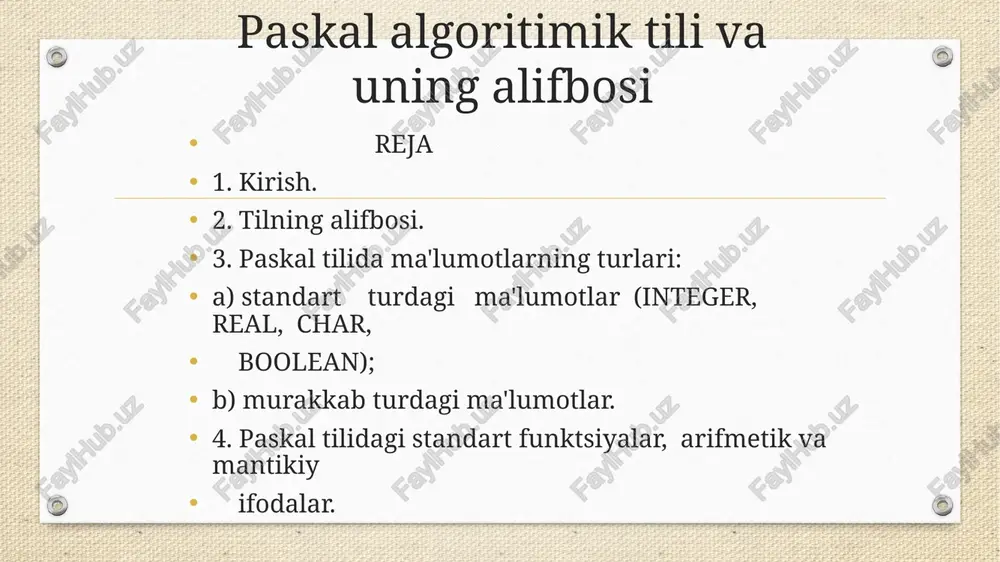 paskal algoritimik tili va uning alifbosi. amallar bajarish operatorlari — PPTX