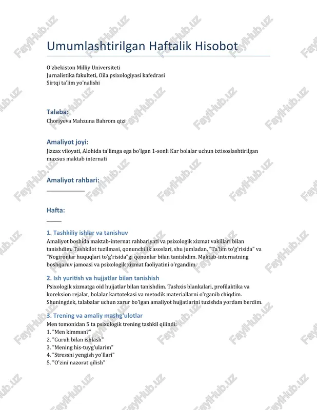 umumlashtirilgan haftalik hisobot — DOCX