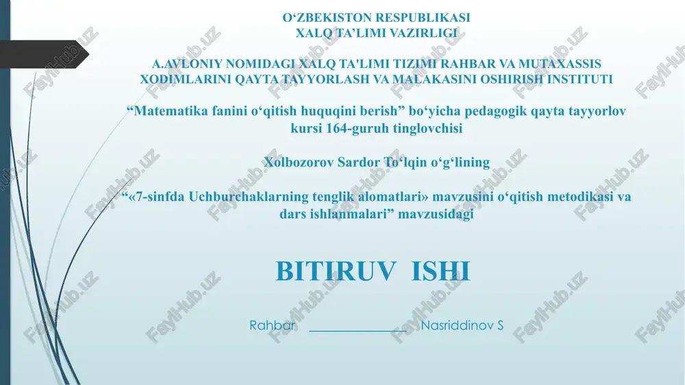 7-sinfda uchburchaklarning tenglikalomatlari — PPTX
