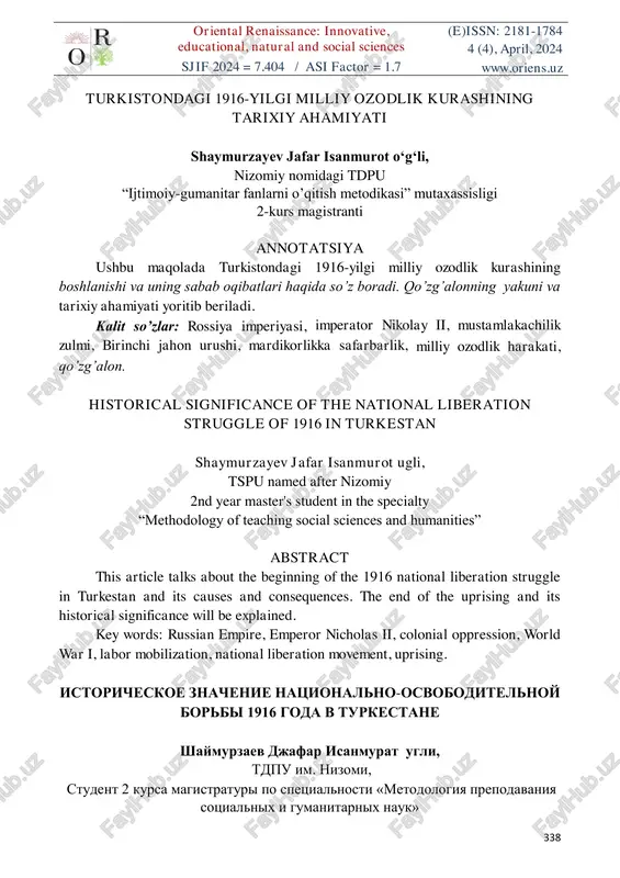 turkistondagi 1916-yilgi milliy ozodlik kurashining tarixiy ahmiyati — PDF