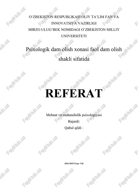 psixologik dam olish xonasi faol dam olish shakli sifatida — DOCX