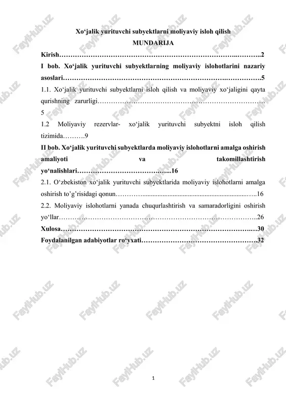 xo‘jalik yurituvchi subyektlarni moliyaviy isloh qilish — DOCX