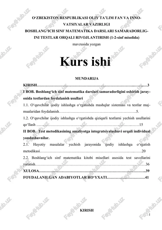 boshlang‘ich sinf matematika darslari samaradorligini testlar orqali rivojlantirish — DOCX