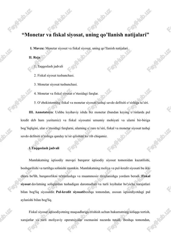 monetar va fiskal siyosat, uning qo’llanish natijalari — DOCX
