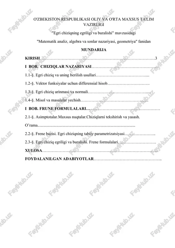 egri chiziqning egriligi va buralishi — DOCX